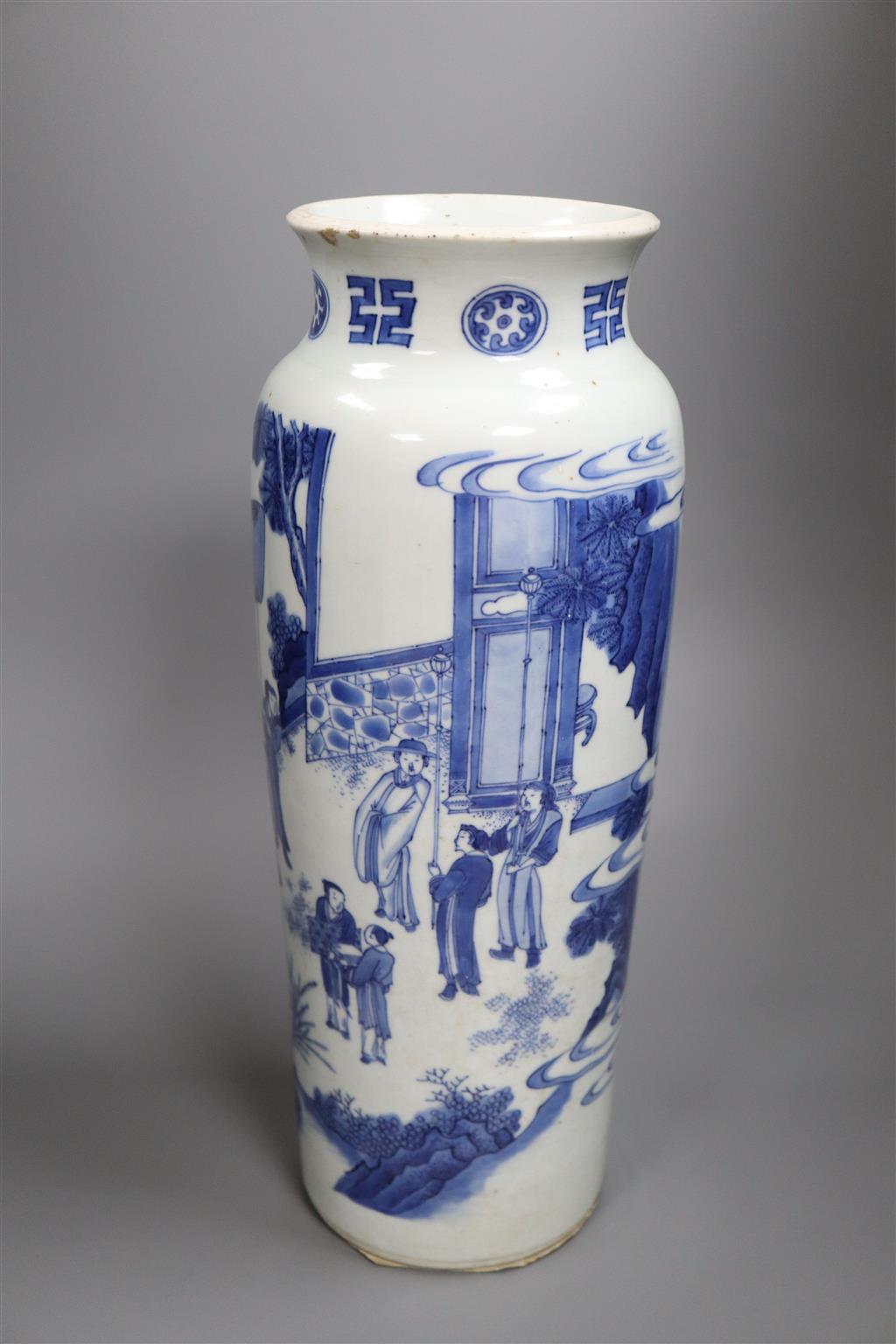 A Chinese Transitional blue and white sleeve vase, c.1640, 40cm high